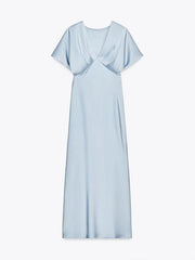 LIZAKOSHT  -  Elegant Satin Solid Long Dress Women V-neck Short Sleeve Pleated Female Party Dresses Summer Lady Chic Holiday Beach Robes
