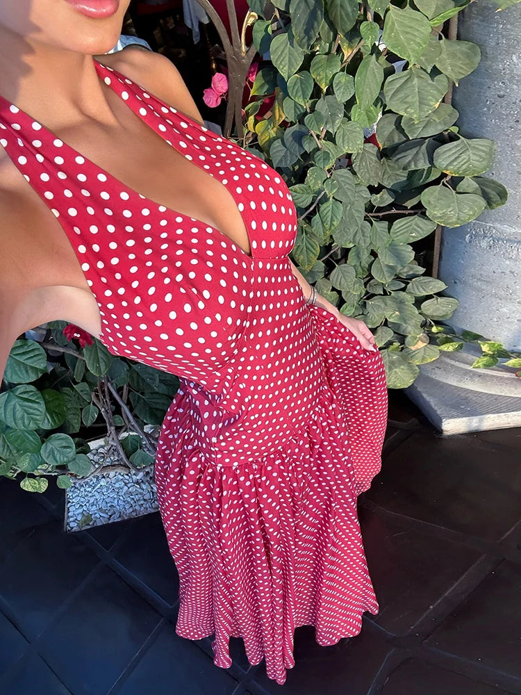 LIZAKOSHT  -  Modern Hipster Women Maxi Dress Elegant Point Print Halter V-neck Backless Bodycon Female High Street Festival Vestidos