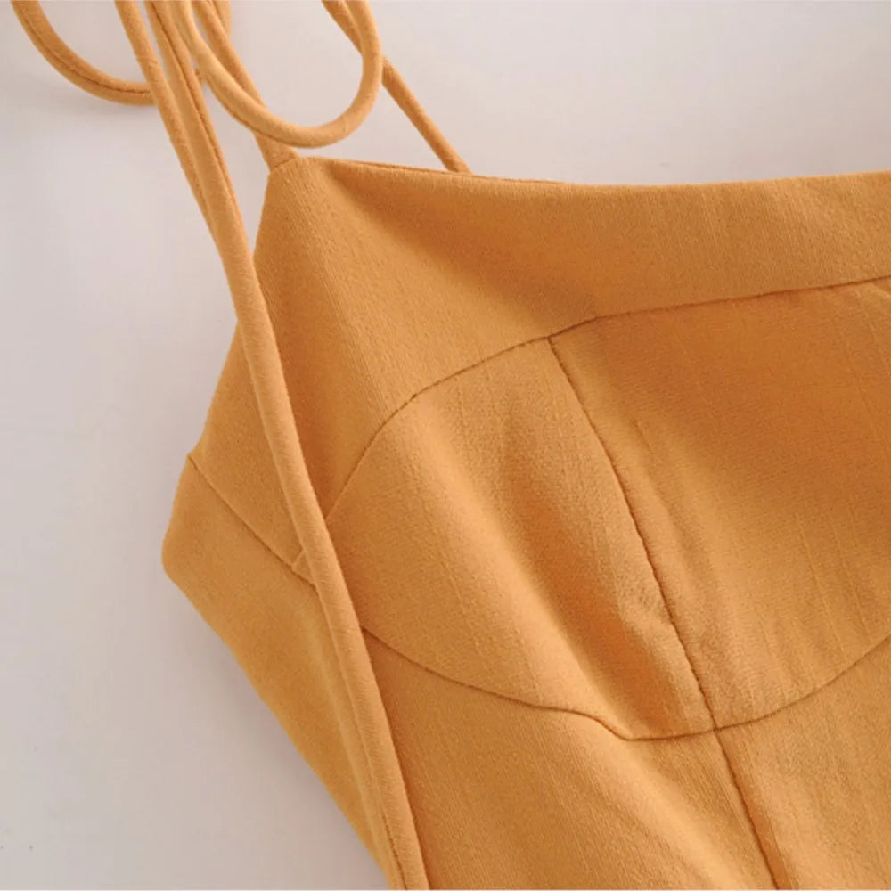 LIZAKOSHT  -  Sexy Solid Yellow Corset Style Bow Lacing up Strap Sling Dress Retro French Style Women Hem Slit Midi Long Dresses Holiday Robe