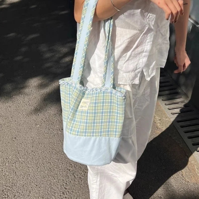 LIZAKOSHT  -  Korean Sweet Blue Plaid Bucket Bag Handbag Tote Women Casual Shoulder Bag