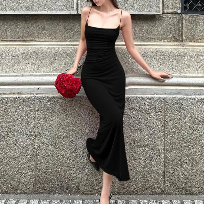 LIZAKOSHT  -  Base Style Casual Sexy Cross Sling Open Back Sleeveless Bodycon Solid Color Long Dress Dating Party Summer Outfit For Women