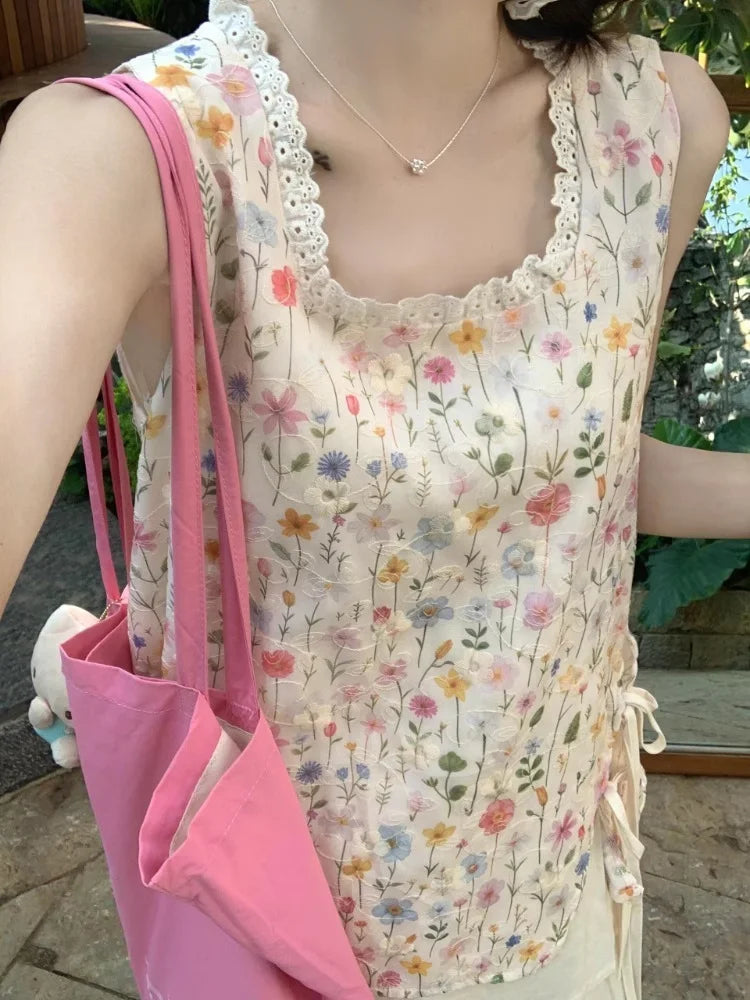 LIZAKOSHT  -  Sweet Summer Flower Print Fake Two Piece Square Neck Embroidery Loose Tanks & Camis