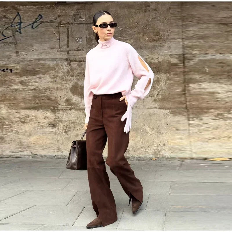 LIZAKOSHT  -  Chic Knitted Glove Sweater Women Casual Solid Full Sleeve Holes Stand Collar Loose Sweaters Female Fashion Lady Outwears