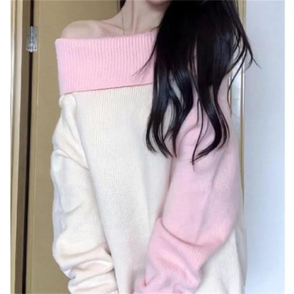  LIZAKOSHT  -  Off Shoulder Knit Sweater Women Sweet Slash Neck Long Sleeve Pink Patchwork Knitted Pullovers Loose Casual Korean Style Sweaters