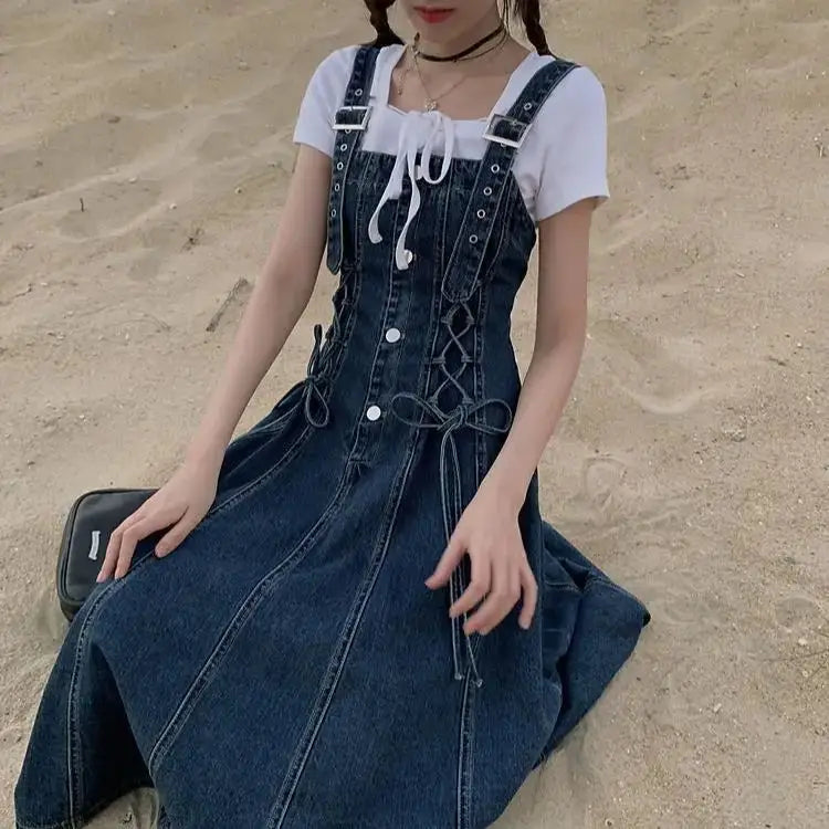 LIZAKOSHT  -  Denim Strap Dress Waist Women'S Dress Summer New Retro Slimming Length Age Reducing Small A-Line Skirts Women'S Clothing