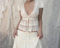LIZAKOSHT  -  V-neck Lace Splicing Slim Top New Slim Solid Color Short-sleeved T-shirt