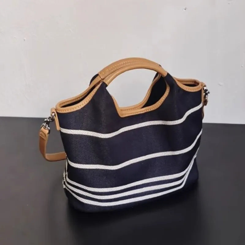 LIZAKOSHT  -  Retro Blue Stripe Handbag Women Color Block Large Capacity Shoulder Bags Ladies Fashion Casual Versatile Commute Crossbody Bags