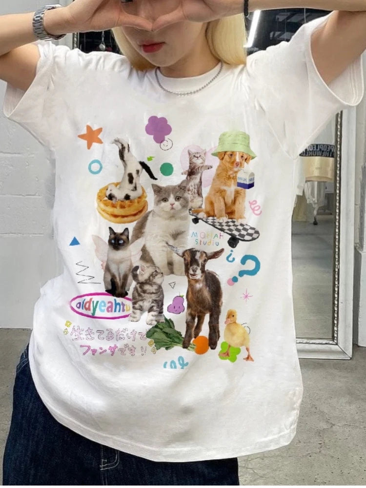 LIZAKOSHT  -  Cute Milk Cat Graphic T-Shirts for Women Oversized Retro Harajuku Fashion Streetwear Tee Shirt Y2k Aesthetic Female Tees Tops
