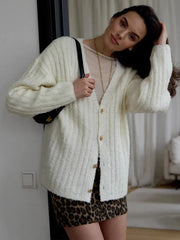 LIZAKOSHT  -  Furry Knitted Sweater Women Single Breasted Casual Solid V-neck Long Sleeve Loose Cardigans Autumn Soft Lady Tops Sweaters