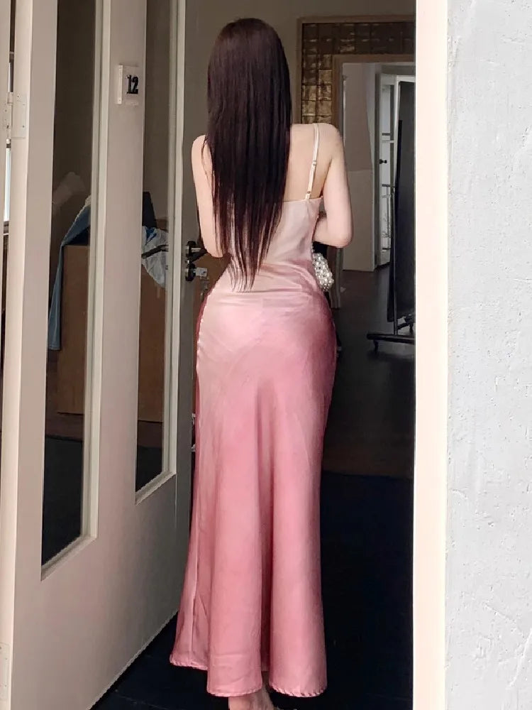 LIZAKOSHT  -  Fashion Sexy Dresses Women Elegant Sleeveless Slash Neck Split Ruched Backless Gradient Dresss Party Female Club