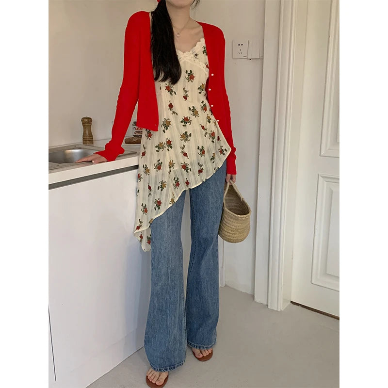 LIZAKOSHT  -  Y2K Floral Tank Top Women Vintage Asymmetrical Print Camis Summer Streetwear Korean Sexy V Neck Lace Spaghetti Strap Tops
