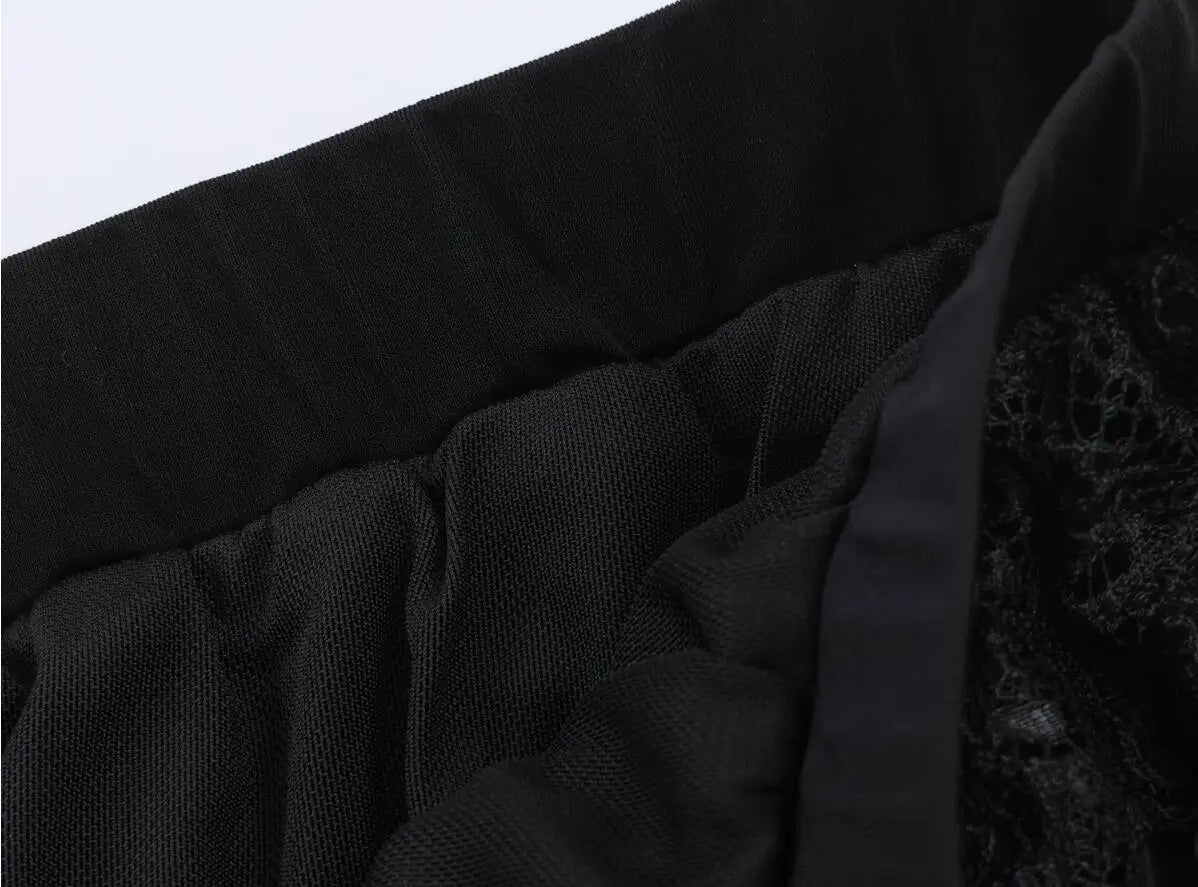 LIZAKOSHT  -  Spring Summer Black Chiffon Lantern Pants Women Spliced Lace Elastic Waist Ruffles Cuff Long Loose Trousers Full Length Bottom