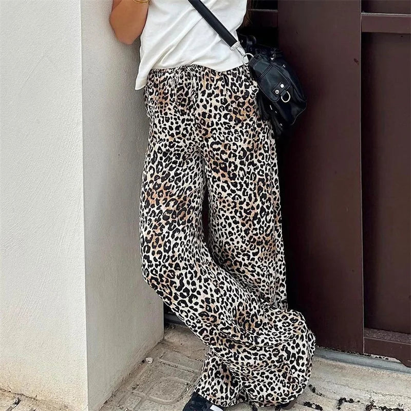 LIZAKOSHT  -  Leopard Pants y2k Clothes Women Sexy Drawstring Elastic Waist Wide Leg Loose Trousers Chic Fashion Clothes Streetwear