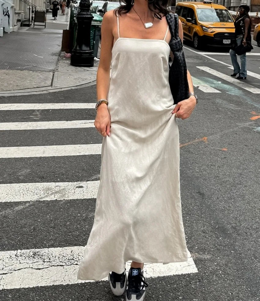 LIZAKOSHT  -  Spring and Summer Commuting Khaki Cotton and Linen Suspender Dress Women's Fashion Loose A-shaped Long Dress