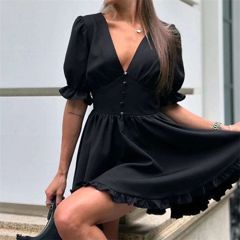 LIZAKOSHT  -  Deep V-neck Puff Sleeve Mini Dress Women Sexy High Waist Patchwork Button Fashion Slim Black A-line Club Party Dress