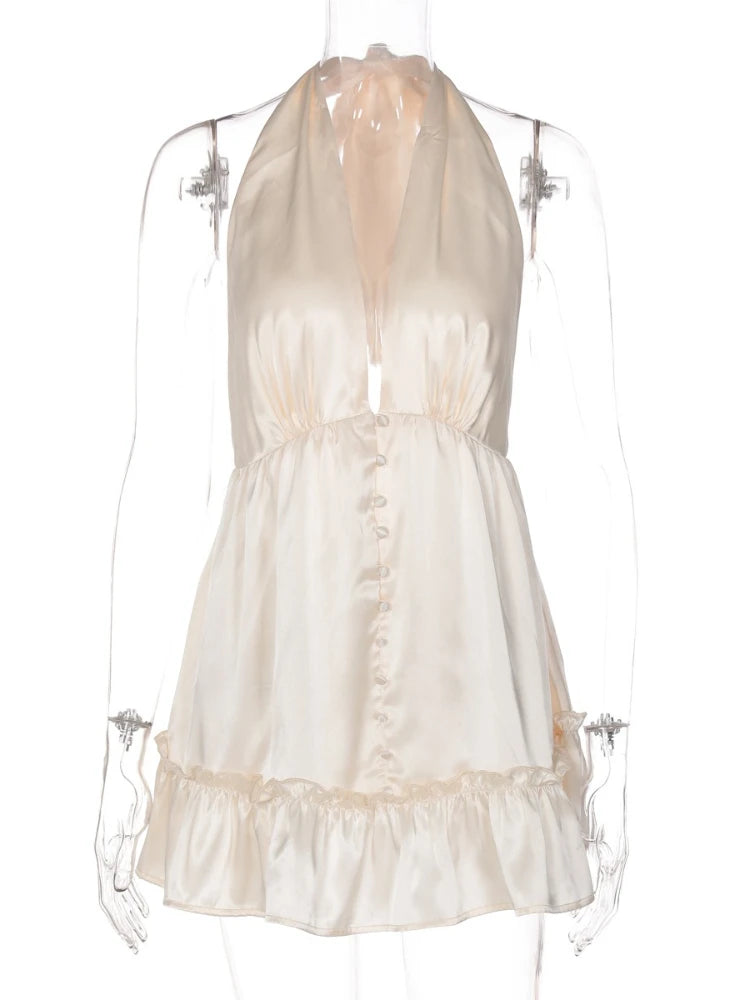 LIZAKOSHT  -  Sexy Deep V-neck Backless Champagne Party Club Dresses Women Halter Bandage Sleeveless Tunics Buttons Short Evening Dress