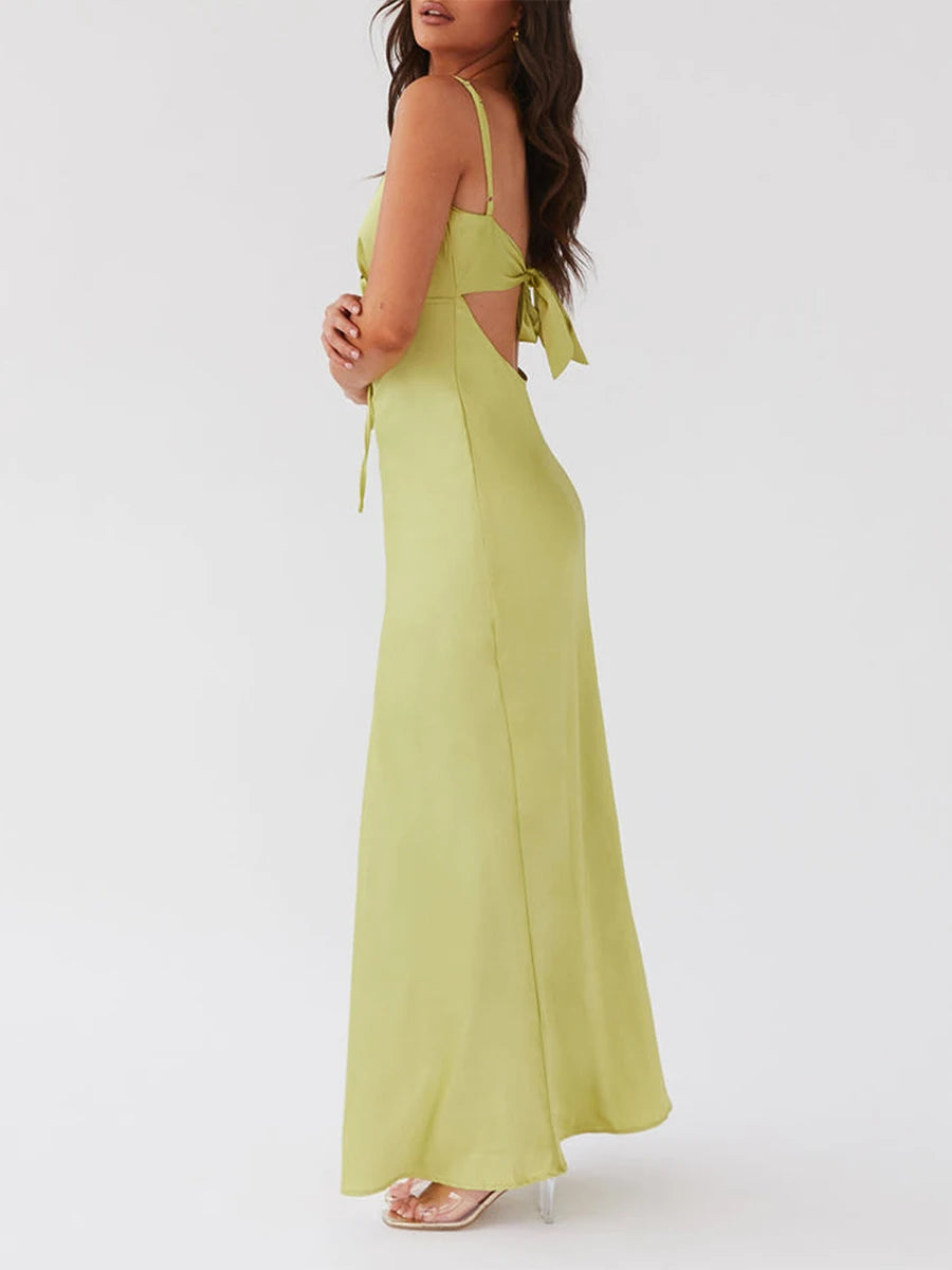 LIZAKOSHT  -  Women Cami Dress Solid Color Sleeveless Tie-Up Front Sleeveless Backless Dress Long Dress Summer Casual Spaghetti Strap Dress
