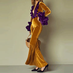 LIZAKOSHT  -  Casual V-neck Petal Sleeves Slim Fit Long Jumpsuit Fashion Hight Waist Flared Playsuit Lady Elegant Color Clashing Velvet Romper