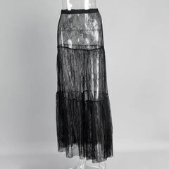 LIZAKOSHT  -  Black Lace Long Skirt 2026 Summer Sexy Perspective Niche Temperament Skirt