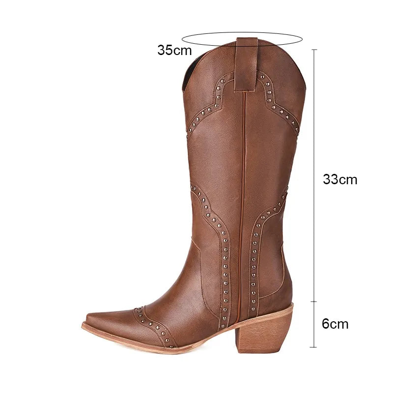 LIZAKOSHT -  New Fashion Retro Punk Rivets Western Boots Women Square Toe Chunky High Heels Slip On Mid-calf Riding Boots Large Size 41 42 43