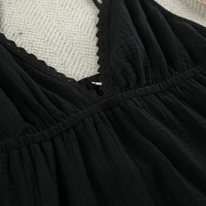 LIZAKOSHT  -  Women Sexy Sleeveless V-neck Mini Dress Chic Backless Off Shoulder High Waist Pleated Loose Dresses Lady Holiday Vestidos