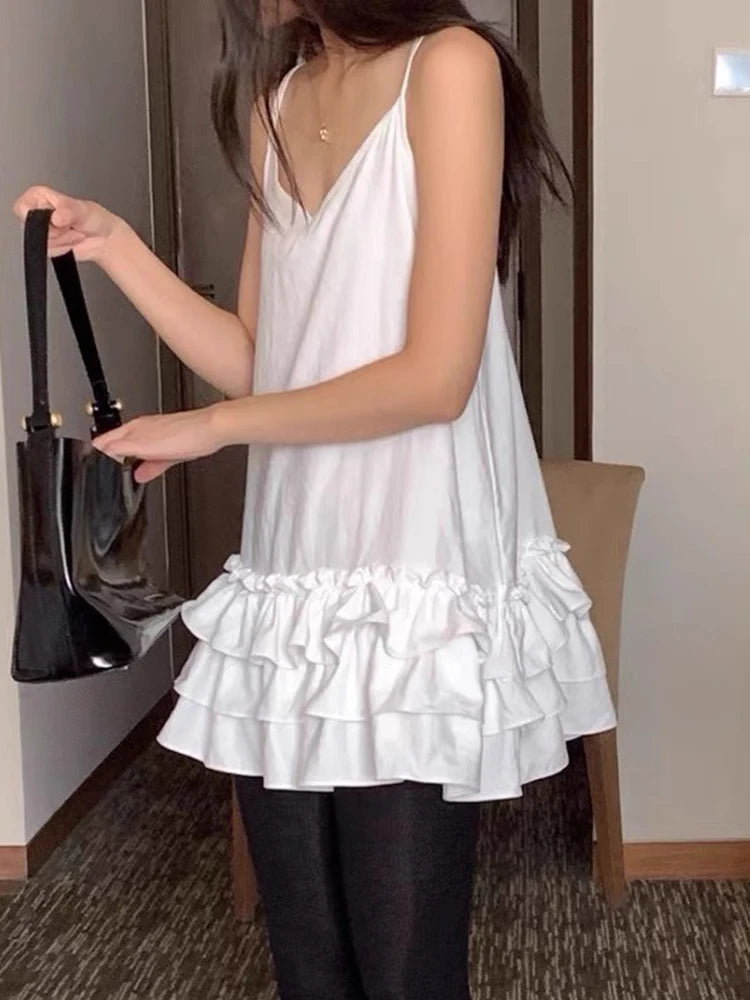 LIZAKOSHT  -  South Korea Chic Dress Spring French Temperament V-neck Loose Casual Splicing Layer Ruffled Halter Blouse Woman Dresses