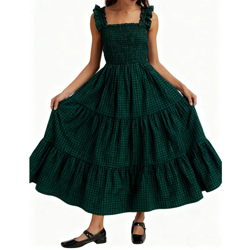 LIZAKOSHT  -  Cottage Vintage Plaid Maxi Dress Women Ruffles Sleeveless Sqaure Collar Flowy Long Dress Gingham Shirred Elastic A-line Dresses