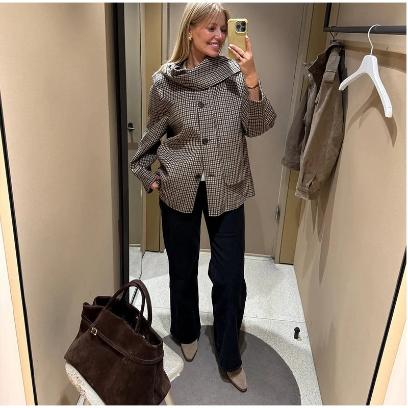 LIZAKOSHT  -  Solid Wool Cape Style Coat Women Scarf Detail Button Front Full Sleeve Loose Jacket 2025 Autumn Elegant Female Casual Outerwear