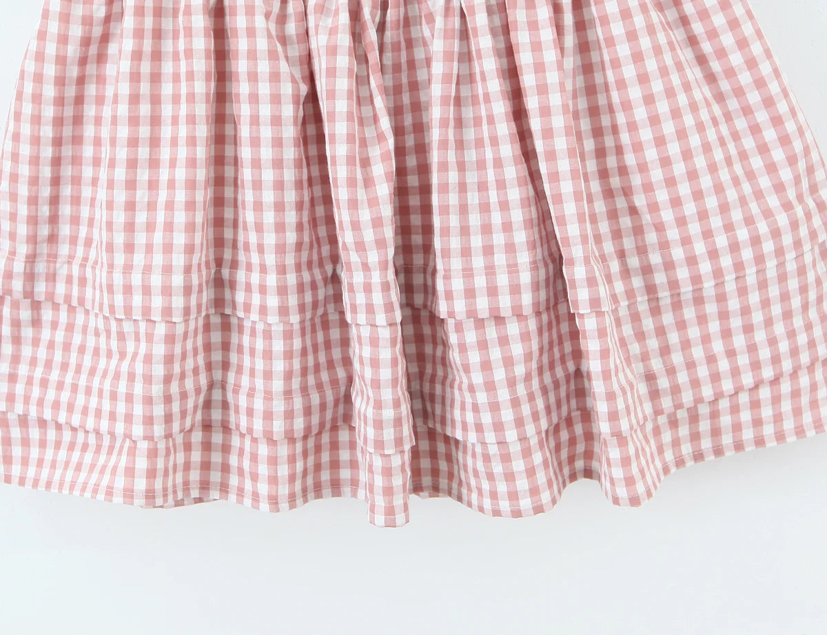 LIZAKOSHT  -  Sweet Pink Plaid Print Bow V neck Short Puff Sleeve Dress Women Low Waist Spliced Ruched Swing Ball Gown Vestidos Femme Robe