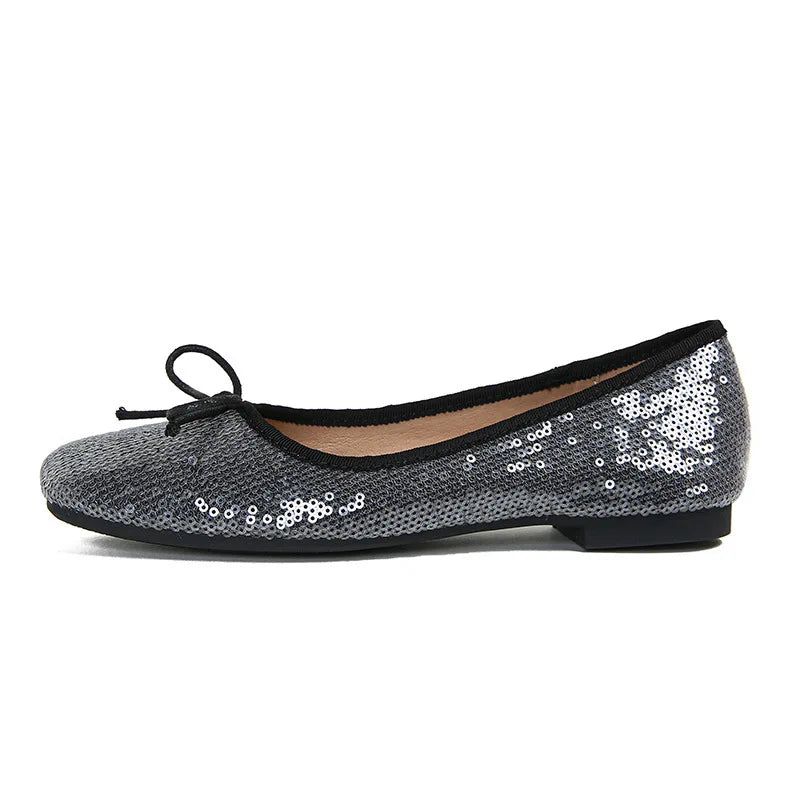 LIZAKOSHT  -  bling bling bowtie flat shoes woman square toe pink glitter ballet flats 35-43 big size shiny moccasins women bow loafers