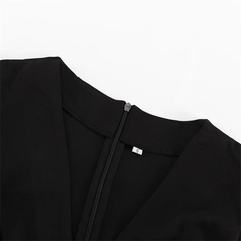 LIZAKOSHT  -  Deep V-neck Puff Sleeve Mini Dress Women Sexy High Waist Patchwork Button Fashion Slim Black A-line Club Party Dress