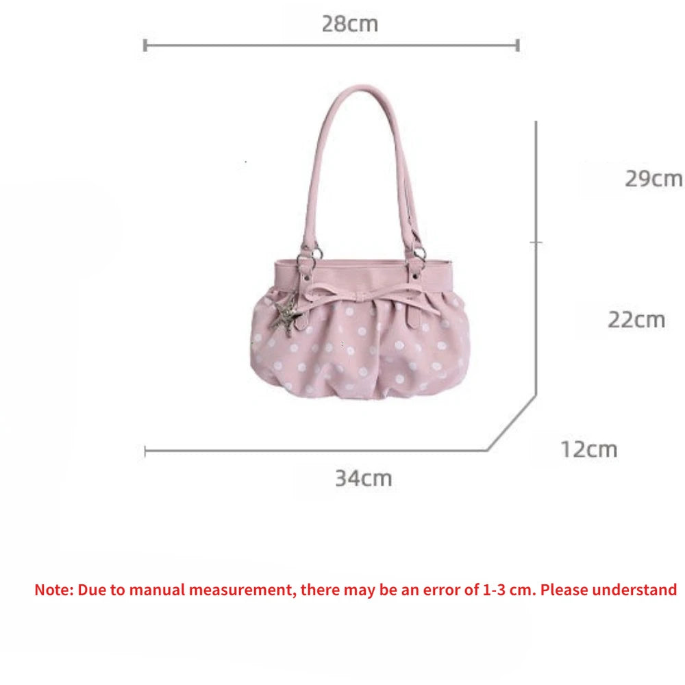LIZAKOSHT  -  Polka Dot Ruched Shoulder Bag With Star Pendant Women Bow Decor Large Capacity Hobo Bag Retro Versatile Handbag For Daily Commut