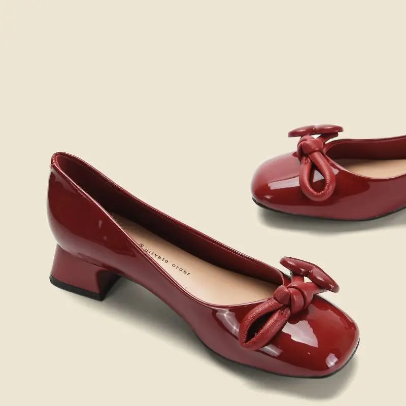 LIZAKOSHT -  Shoes for Women Low Heel Elegant Ladies Summer Footwear Normal Leather Casual Square Toe with Bow Red Genuine Mark Fashion