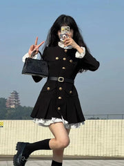 LIZAKOSHT  -  French Fashion Mini Dress Women Small Fragrance Long Sleeve Button Patchwork Suit Dresses Sweet Belt Slim O Neck Chic Vestidos