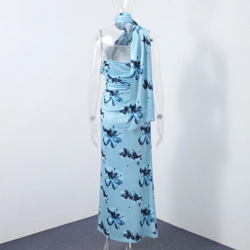 LIZAKOSHT  -  Designer Dress Vacation Outfit Floral Print Pleated Flattering Sexy Elegant Feminine Summer Party Date Wear
