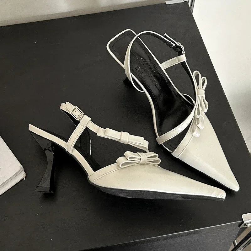 LIZAKOSHT  -  Sexy Pointed Toe Pumps Women Lacquer Leather High Heels Sandals Female Bow Elegant Fashion Slingback Dress Shoes Sandalias Mujer
