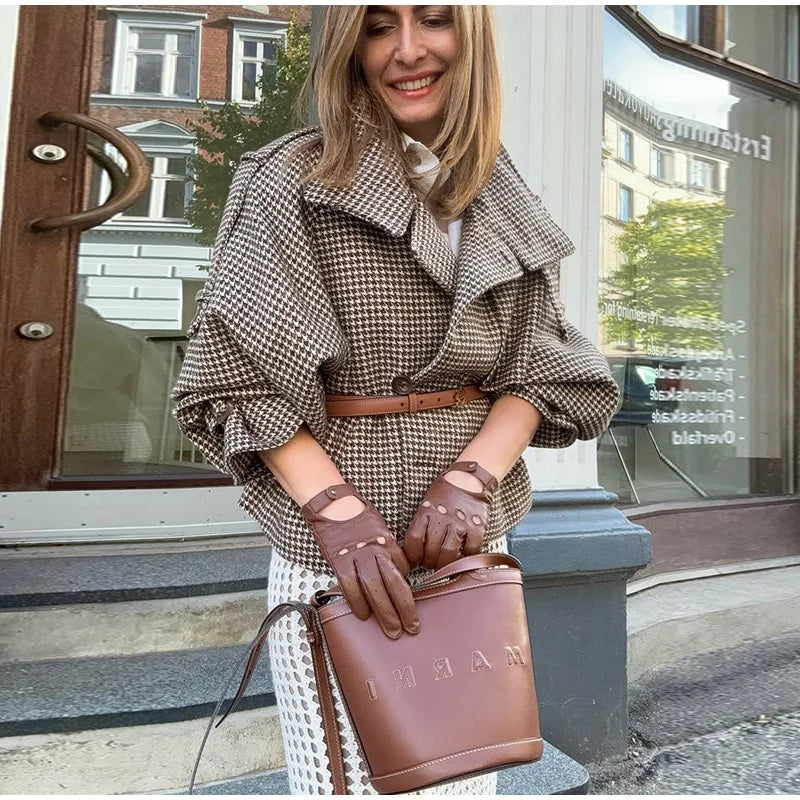 LIZAKOSHT  -  Vintage Women Stand Collar Plaid Coat Long Sleeve Double Button Pockets Thick Cropped Jacket 2025 Autumn Winter Lady Outwear