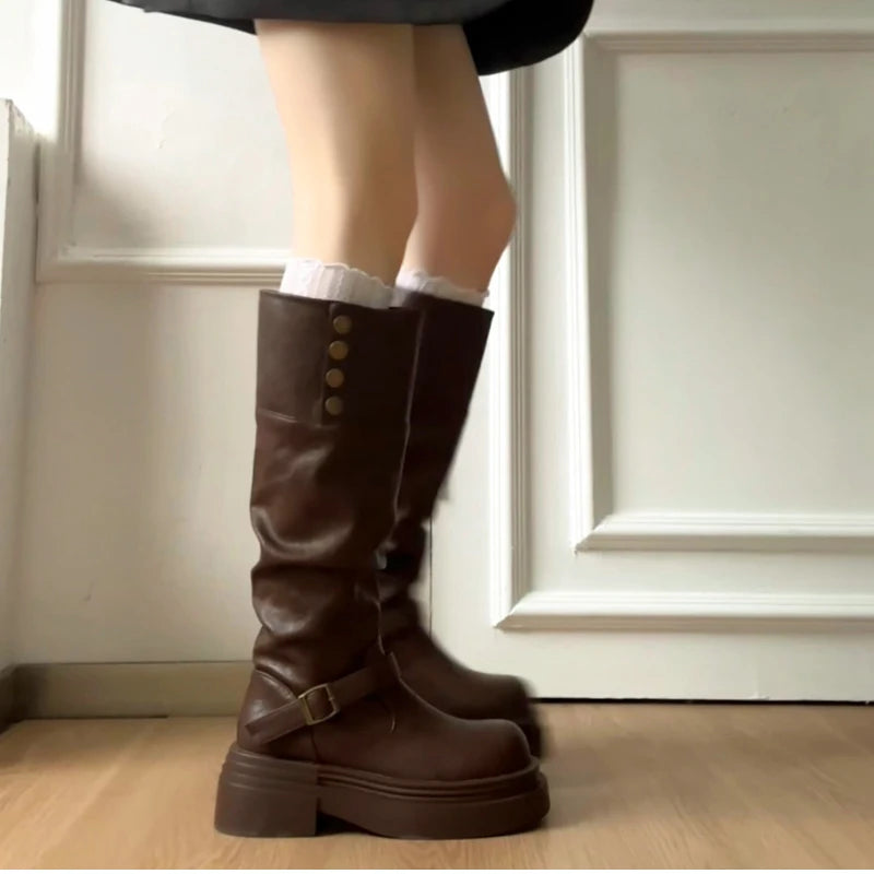 LIZAKOSHT  -  Autumn Winter Platform Thick Bottom Woman Knee High Boots Shoes Ladies Elegant Belt Buckle Knight Booties