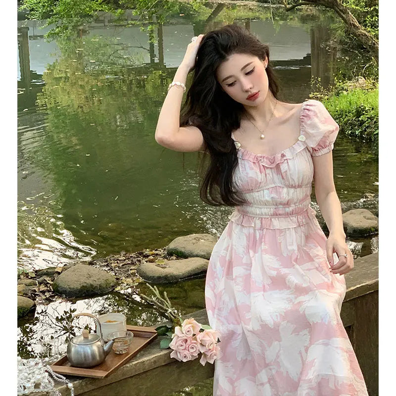 LIZAKOSHT  -  Vintage Floral Evening Party Midi Dresses Women Summer Elegant Square Collar Fairy Dress Korean Sweet Princess Pink Dress