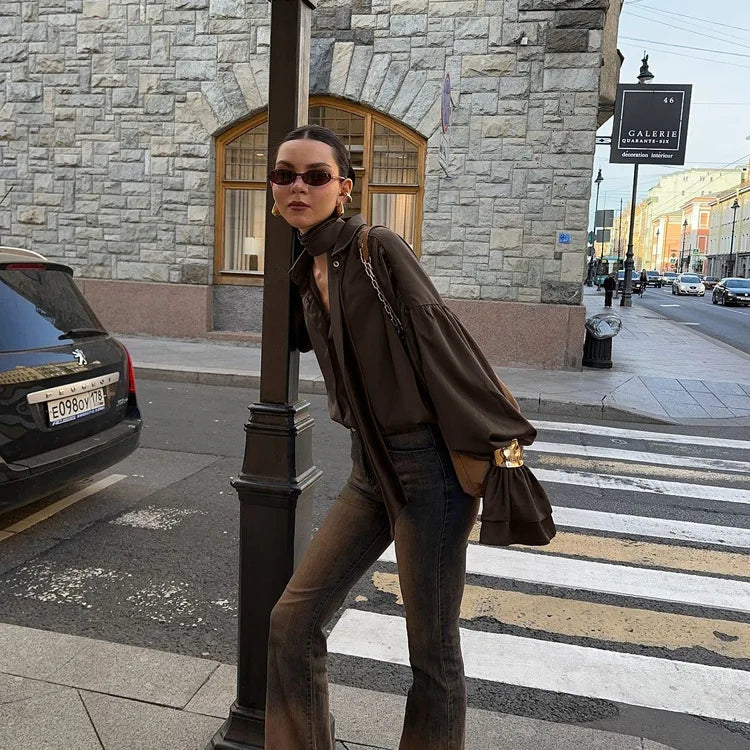 LIZAKOSHT  -  Retro Brown Shirt For Women 2025 New Summer Casual Solid Loose Single Breasted Blouse Simple Turn-down Collar Long Sleeve Shirts