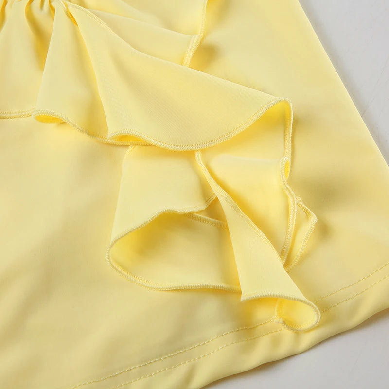 LIZAKOSHT  -  Yellow Layered Ruffles Skirt Set Women's Sexy Slim Fit Floral Edge Backless Halter Top Set 2025 Summer Vacation Street Outfit