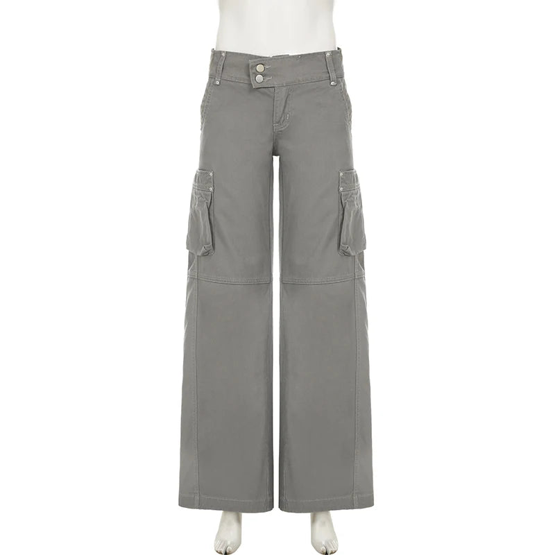 LIZAKOSHT  -  Chic Gray Cargo jeans Y2k Streetwear Casual Loose Denim Pants For Women Aesthetic 90s Low Waist Straight-leg Trousers