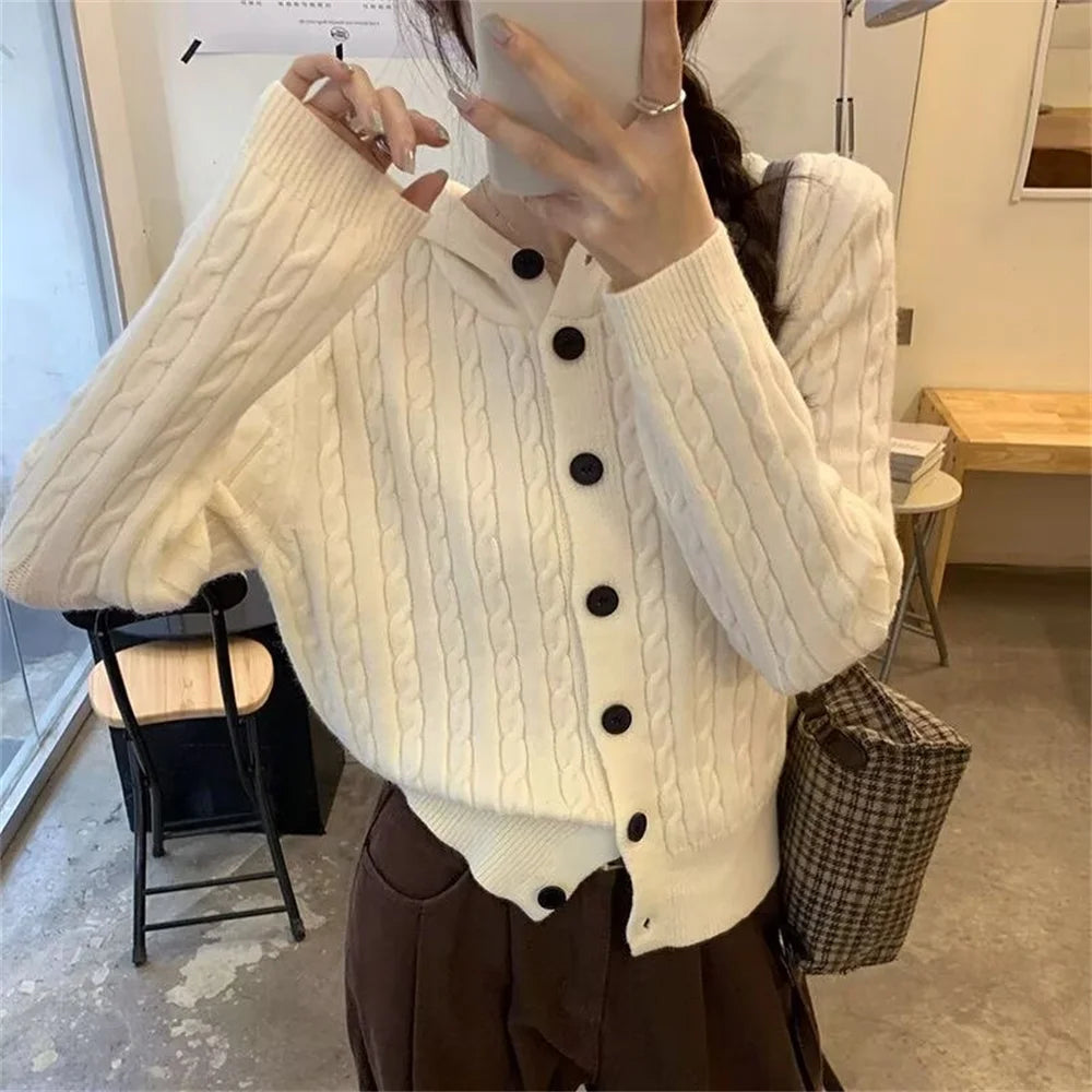 LIZAKOSHT  -  Gray Twist Knitted Cardigan Jacket Women Autumn New Vintage All-Match Hooded Sweater Coat Fashion Single Breasted Hoodies Woman