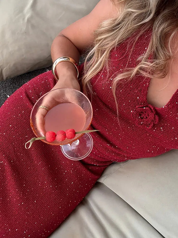 LIZAKOSHT  -  3D Flower Shiny Knitted Skirts Outfits Women Elegant Halter Sleeveless Backless Suits Female 2025 Summer Chic Fashion Beach Sets