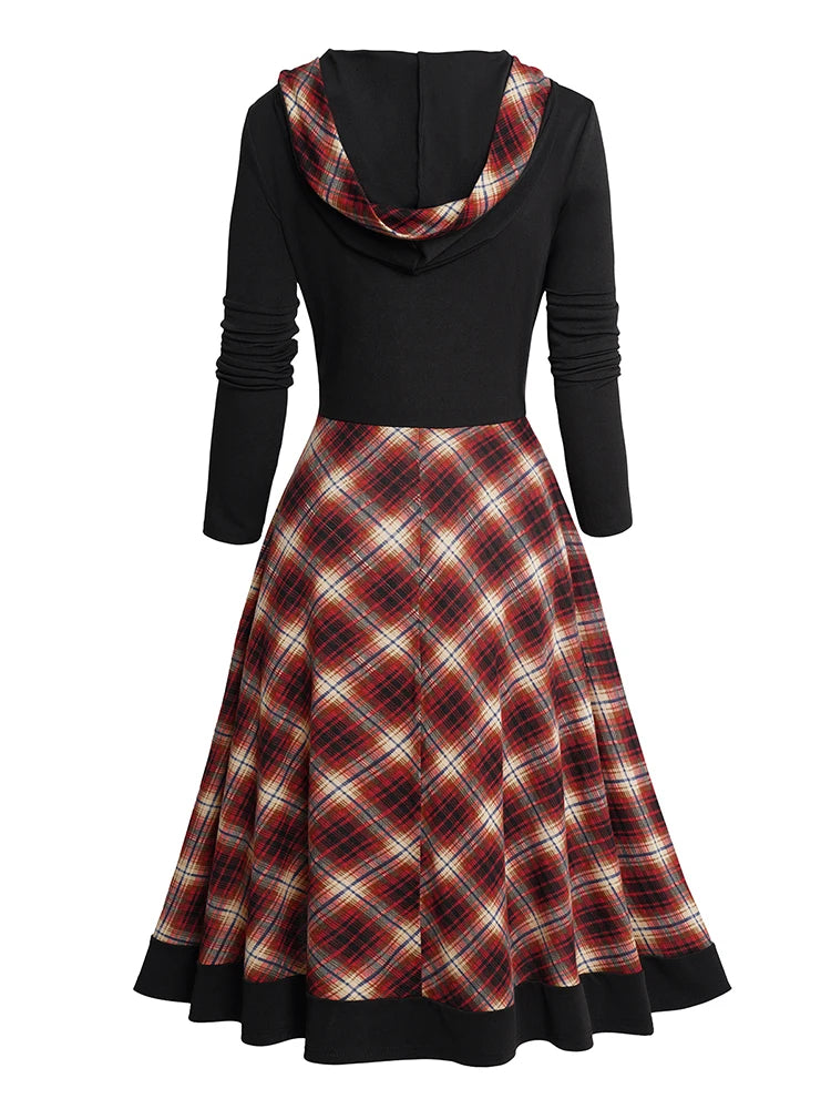 LIZAKOSHT  -  Women's Spring Winter Dresses Hooded Plaid Panel Lace Up Long Sleeve Midi Dress New