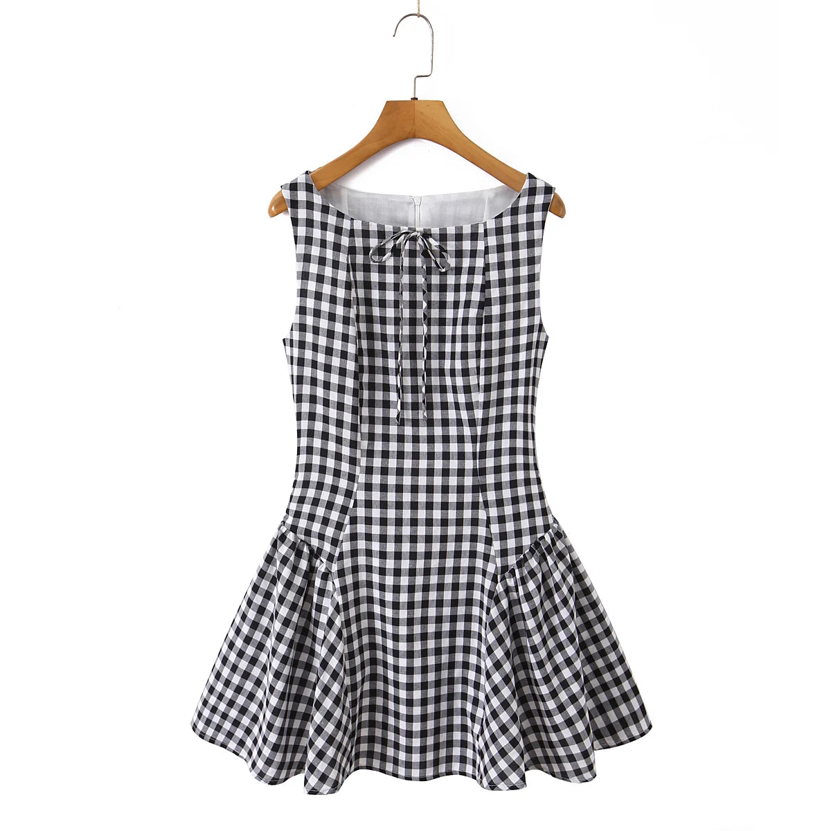 LIZAKOSHT  -  Sexy Red Gingham Plaid Mini Sleeveless Dress Women Bow O Neck Zipper Back Low Waist Ruched Hem Swing Tank Dresses Vestidos Black