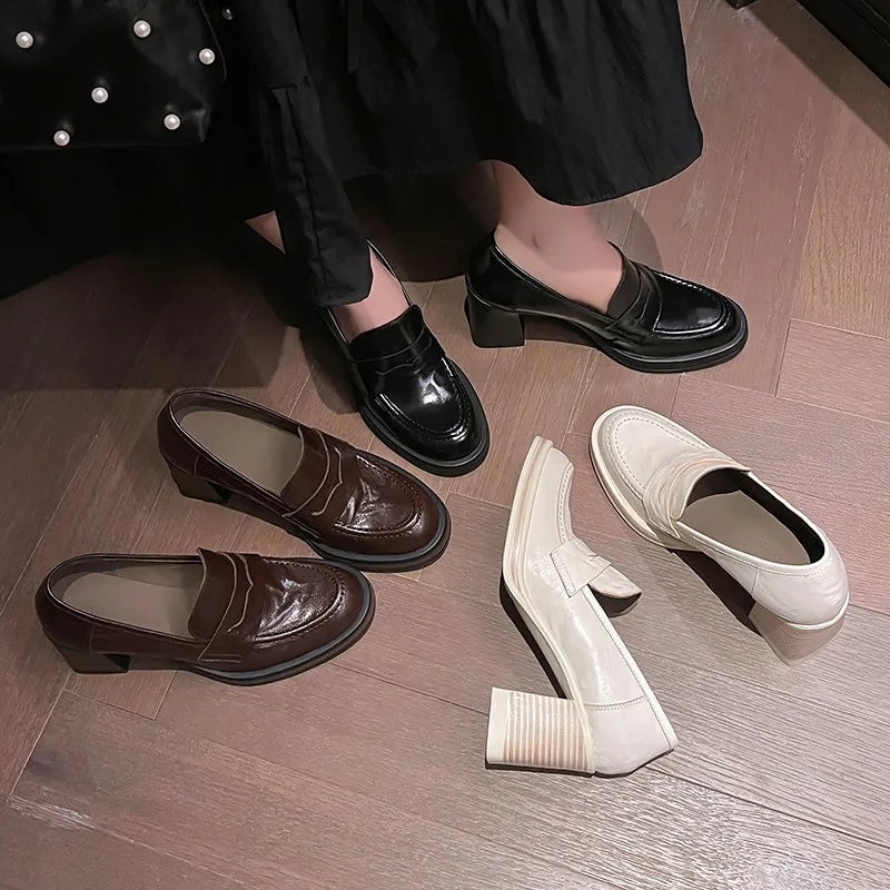 LIZAKOSHT  -  Fashion Shoes New High Quality Genuine Leather Shoes Round Head Coarse Heels High Heels Loafers Shoes Lolita Shoes Women