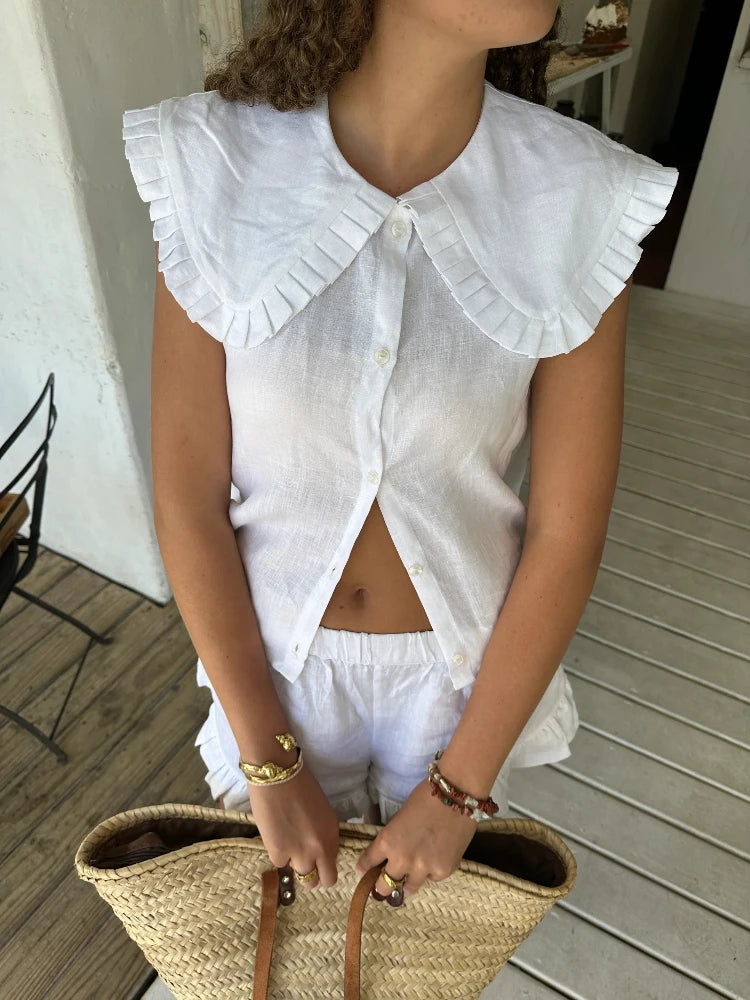 LIZAKOSHT  -  Chic Lien Ruffle Collar Shirt Shorts Set Women Elegant White Sleeveless Shirts High Waist Pleated Skirt 3Piece Sets Lady Holiday
