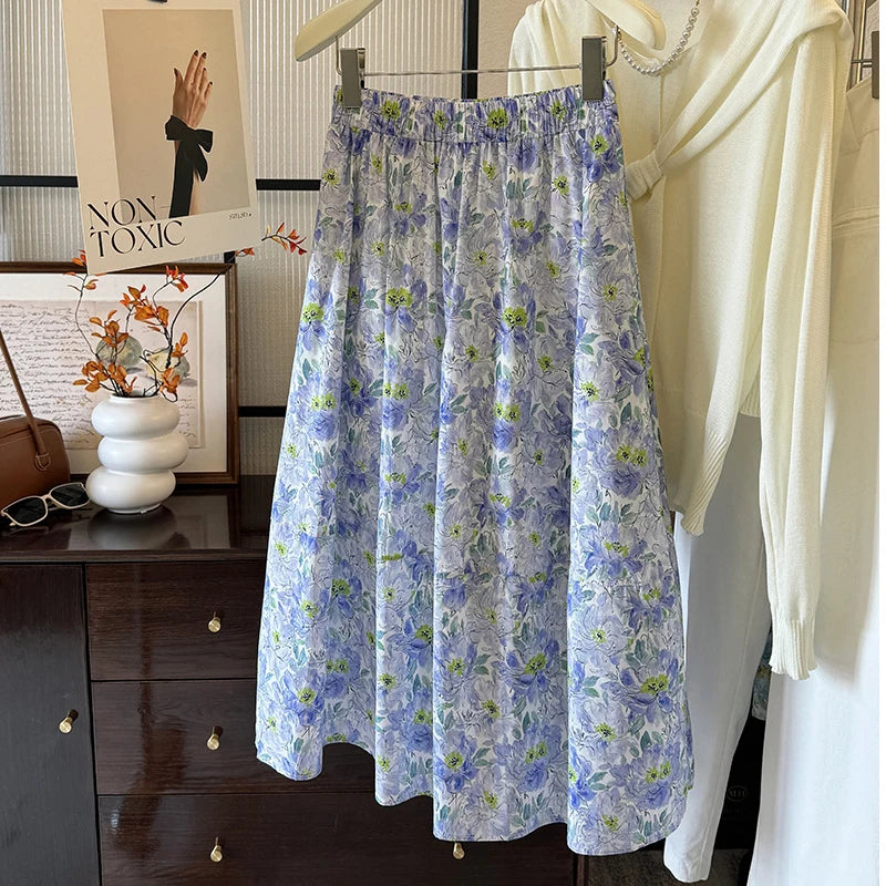 LIZAKOSHT  -  New Arrival Women Summer Flower Print Long Cotton Skirt High Waist A-Line Boho Maxi Skirts Faldas Femme Streetwear