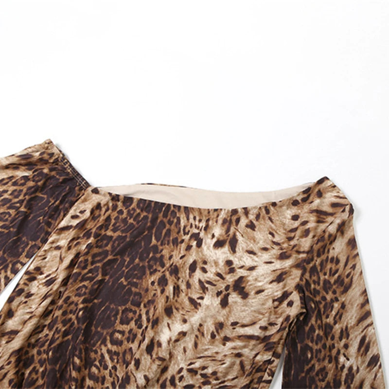 LIZAKOSHT  -  Street Style Women's Sexy Stylish Leopard Printed Irregular Long Flare Sleeves One-shoulder Backless High Waist Short Dress